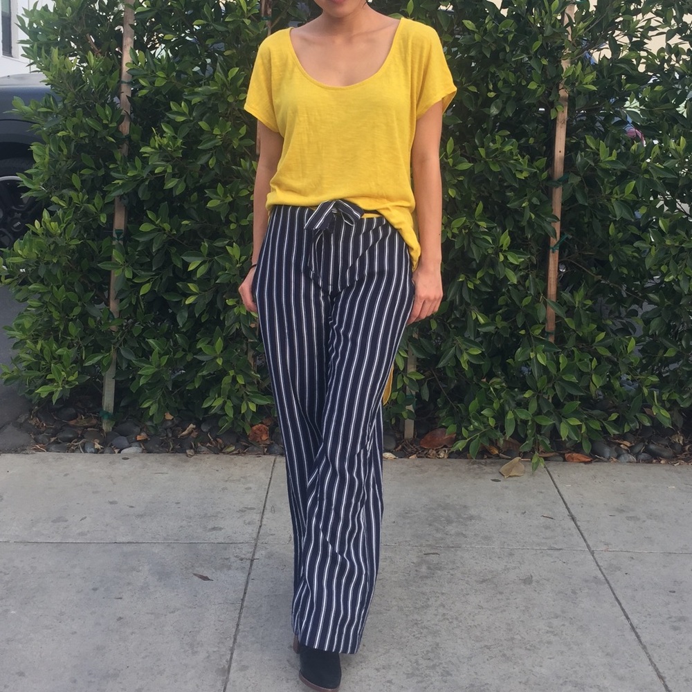Navy and white striped pants with tie - Picture 1 of 4
